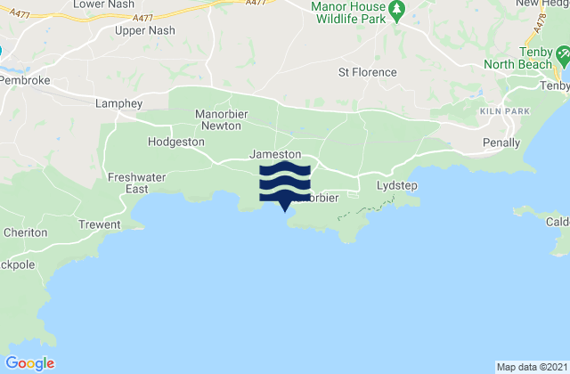Mappa delle Getijden in Manorbier Bay Beach, United Kingdom