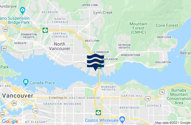 Mappa delle Getijden in Metro Vancouver Regional District, Canada