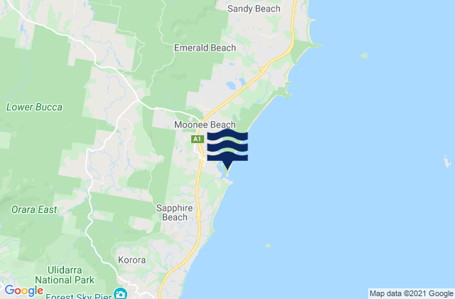 Mappa delle Getijden in Moonee Beach, Australia
