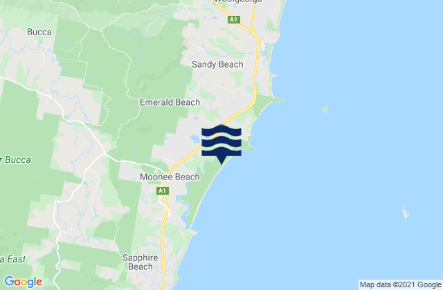 Mappa delle Getijden in Moonee Beach and Creek, Australia