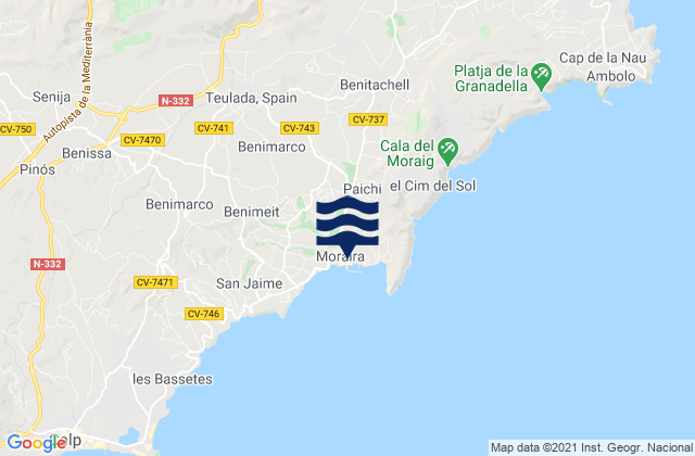 Mappa delle Getijden in Moraira, Spain