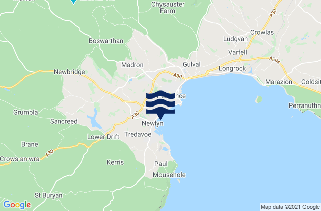 Mappa delle Getijden in Mounts Bay (Penzance), United Kingdom