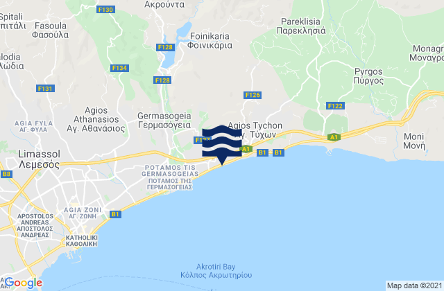 Mappa delle Getijden in Mouttagiáka, Cyprus
