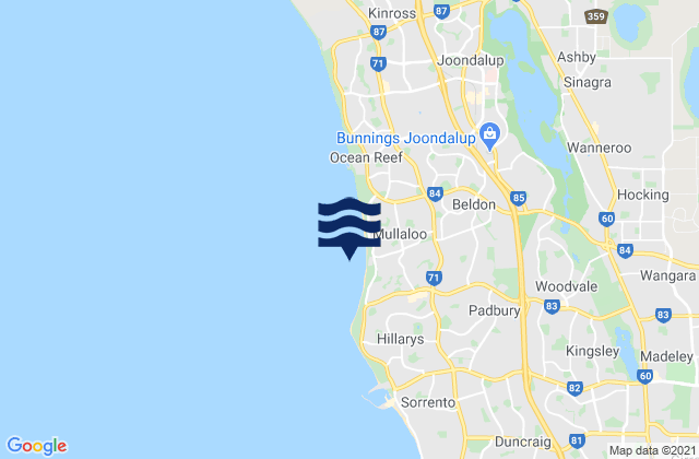 Mappa delle Getijden in Mullaloo Beach, Australia