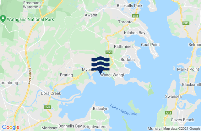 Mappa delle Getijden in Myuna Bay, Australia