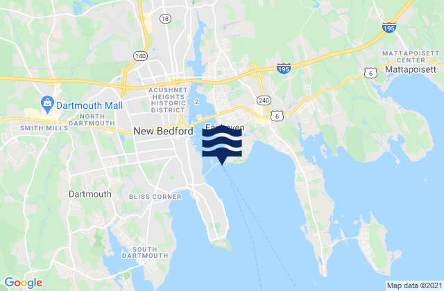 Mappa delle Getijden in New Bedford Hurricane Barrier, United States