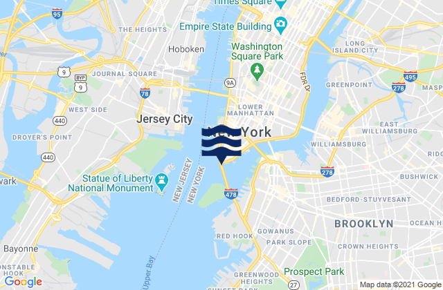 Mappa delle Getijden in New York (the Battery), United States