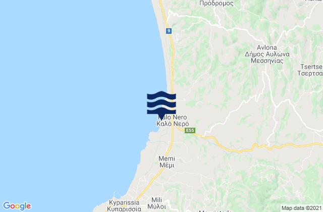 Mappa delle Getijden in Nomós Messinías, Greece
