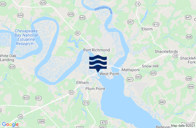 Mappa delle Getijden in Northbury Pamunkey River, United States