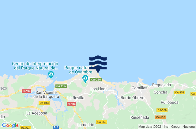 Mappa delle Getijden in Playa de Oyambre, Spain