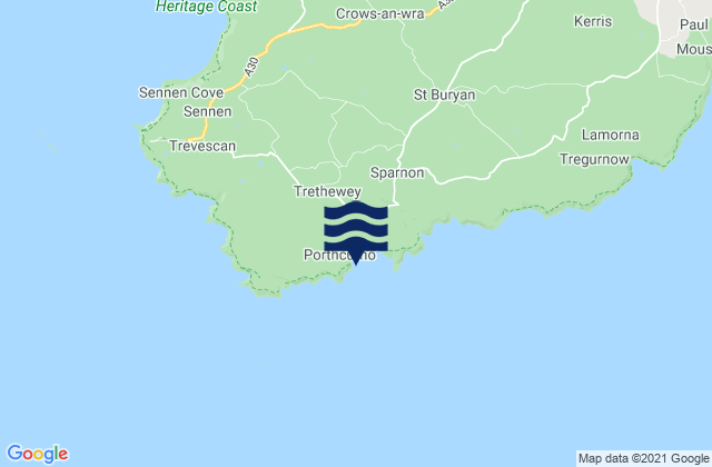 Mappa delle Getijden in Porthcurno Beach, United Kingdom