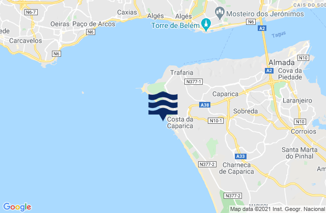 Mappa delle Getijden in Praia da Costa da Caparica, Portugal