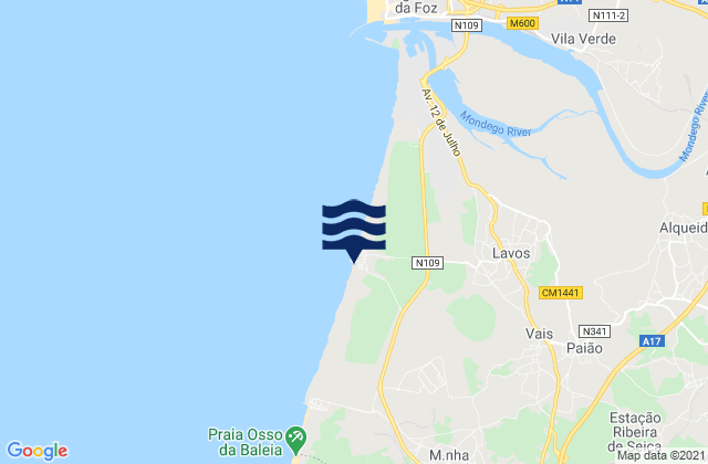 Mappa delle Getijden in Praia da Costa de Lavos, Portugal