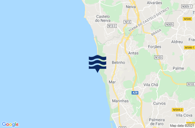 Mappa delle Getijden in Praia de Belinho, Portugal