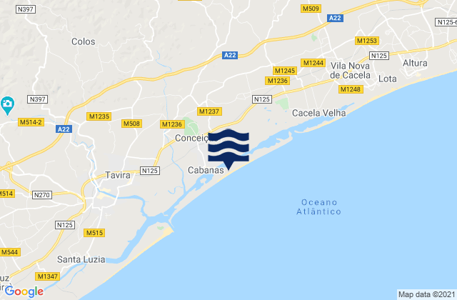 Mappa delle Getijden in Praia de Cabanas, Portugal