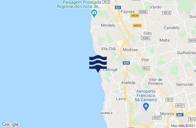 Mappa delle Getijden in Praia de Labruge, Portugal