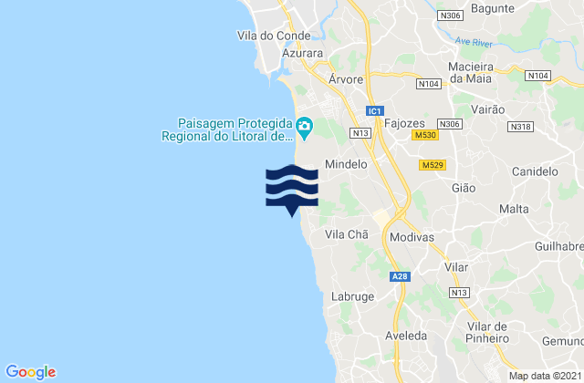 Mappa delle Getijden in Praia de Laderça, Portugal
