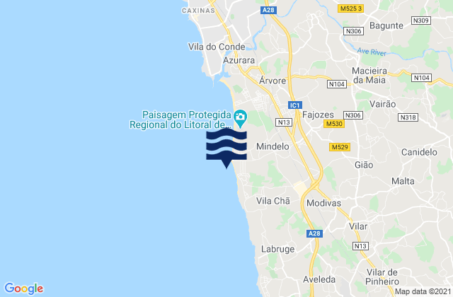 Mappa delle Getijden in Praia de Mindelo, Portugal