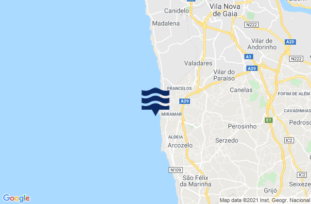 Mappa delle Getijden in Praia de Miramar, Portugal