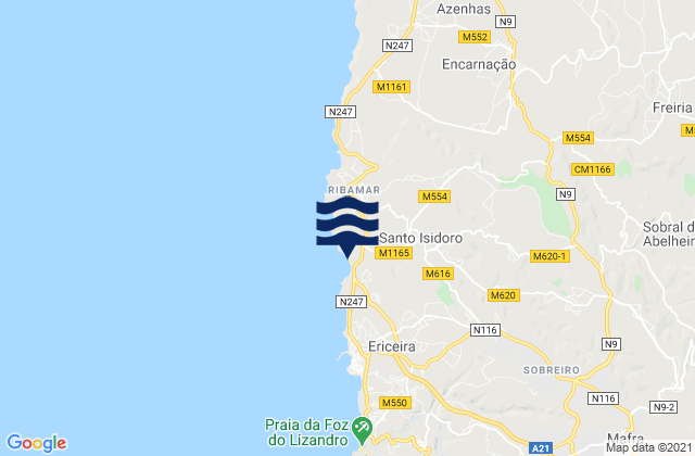 Mappa delle Getijden in Praia de Ribeira d'Ilhas, Portugal