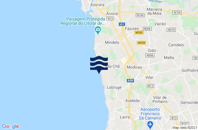 Mappa delle Getijden in Praia de Vila Chã, Portugal