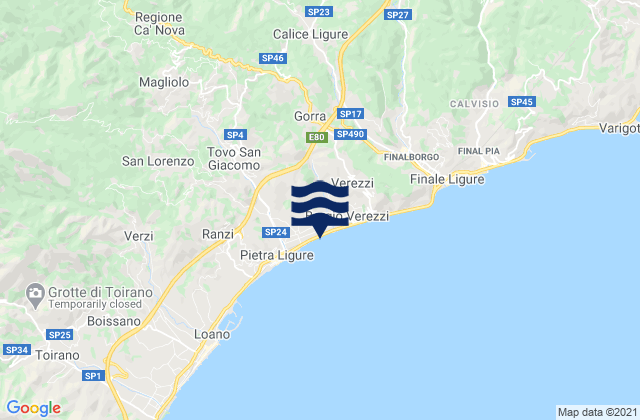 Mappa delle Getijden in Provincia di Savona, Italy