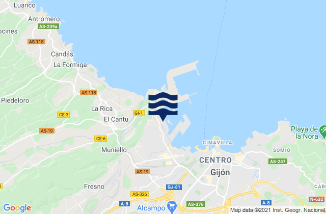 Mappa delle Getijden in Puerto de Gijón, Spain