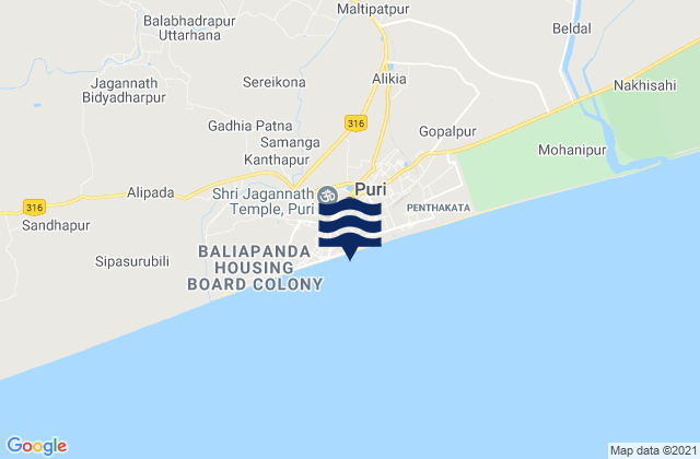Mappa delle Getijden in Puri Beach, India