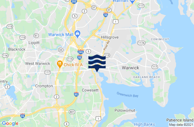 Mappa delle Getijden in Rhode Island, United States