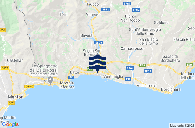 Mappa delle Getijden in Rocchetta Nervina, Italy
