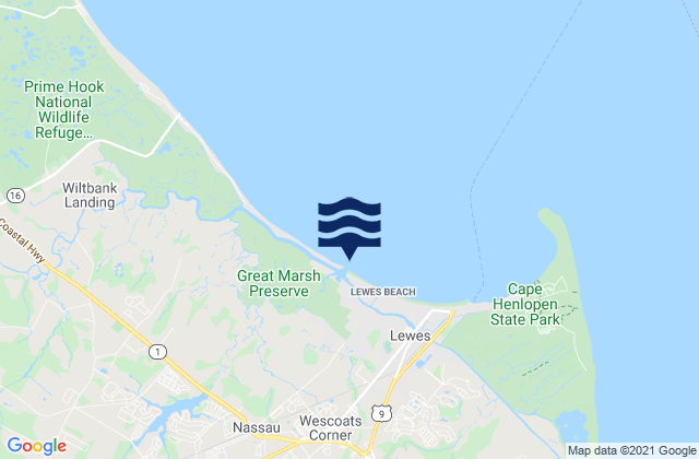 Mappa delle Getijden in Roosevelt Inlet Bay, United States