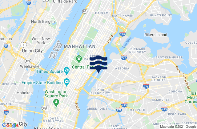 Mappa delle Getijden in Roosevelt Island, north end, East River, United States