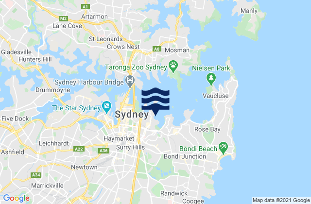 Mappa delle Getijden in Rushcutters Bay, Australia