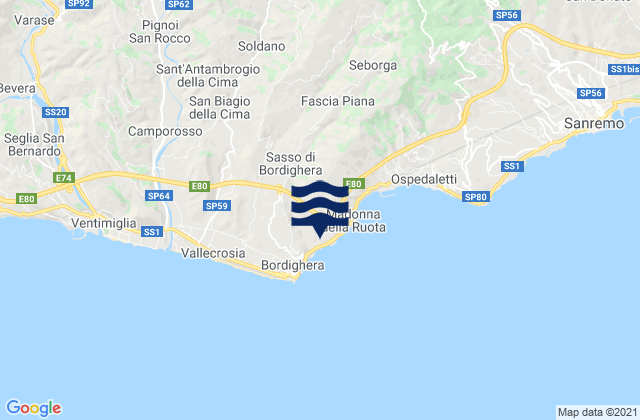 Mappa delle Getijden in Sasso di Bordighera, Italy