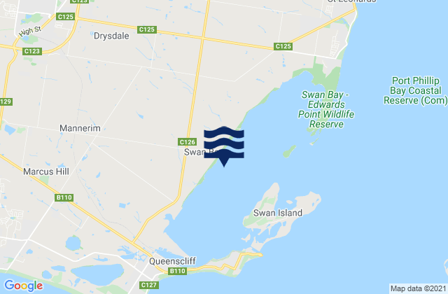 Mappa delle Getijden in Swan Bay, Australia