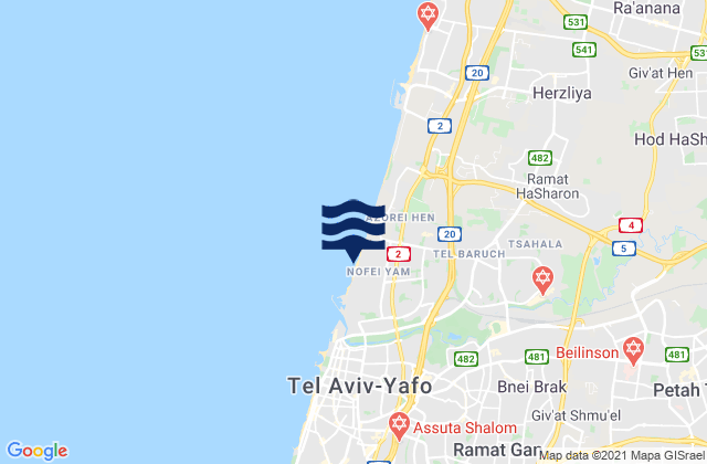 Mappa delle Getijden in Tel Baruch North Beach, Palestinian Territory