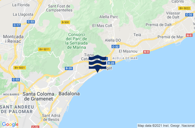 Mappa delle Getijden in Tiana, Spain