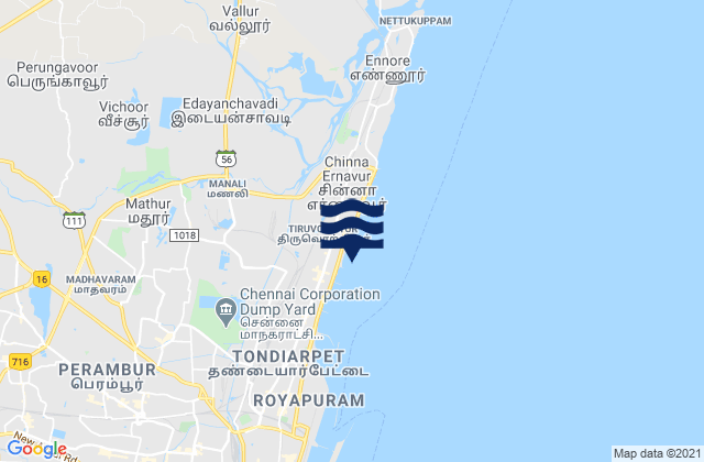 Mappa delle Getijden in Tiruvottiyūr, India