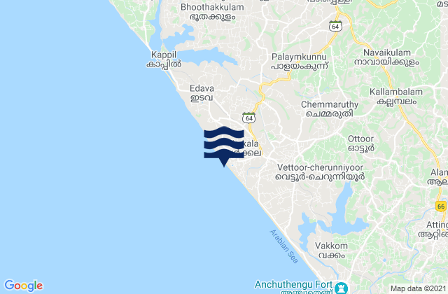Mappa delle Getijden in Varkala, India
