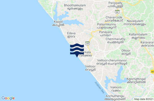 Mappa delle Getijden in Varkkallai, India