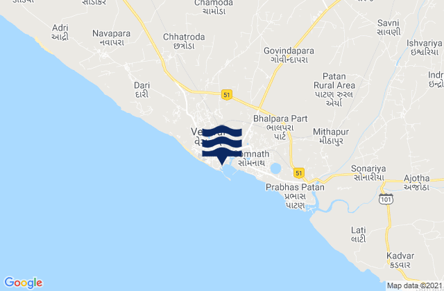 Mappa delle Getijden in Verāval, India