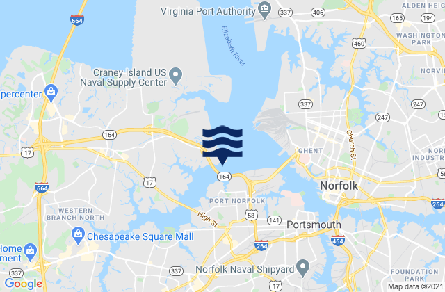 Mappa delle Getijden in West Norfolk Bridge Western Branch, United States