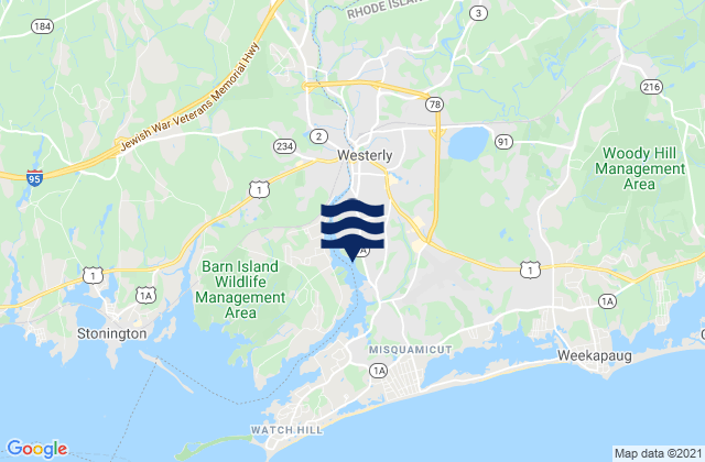 Mappa delle Getijden in Westerly (Pawcatuck River), United States