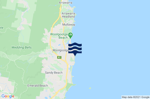 Mappa delle Getijden in Woolgoolga Back Beach, Australia