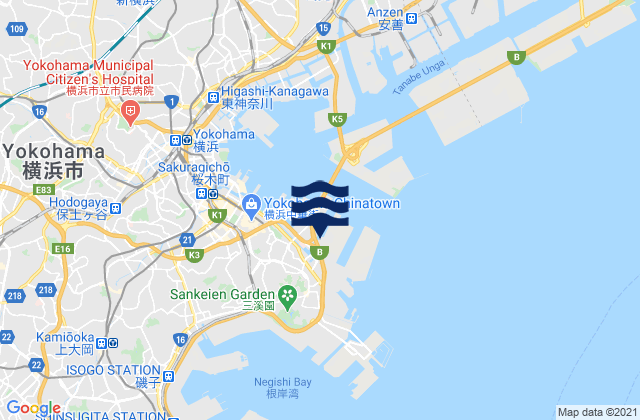 Mappa delle Getijden in Yokohama Sin-Yamasita, Japan