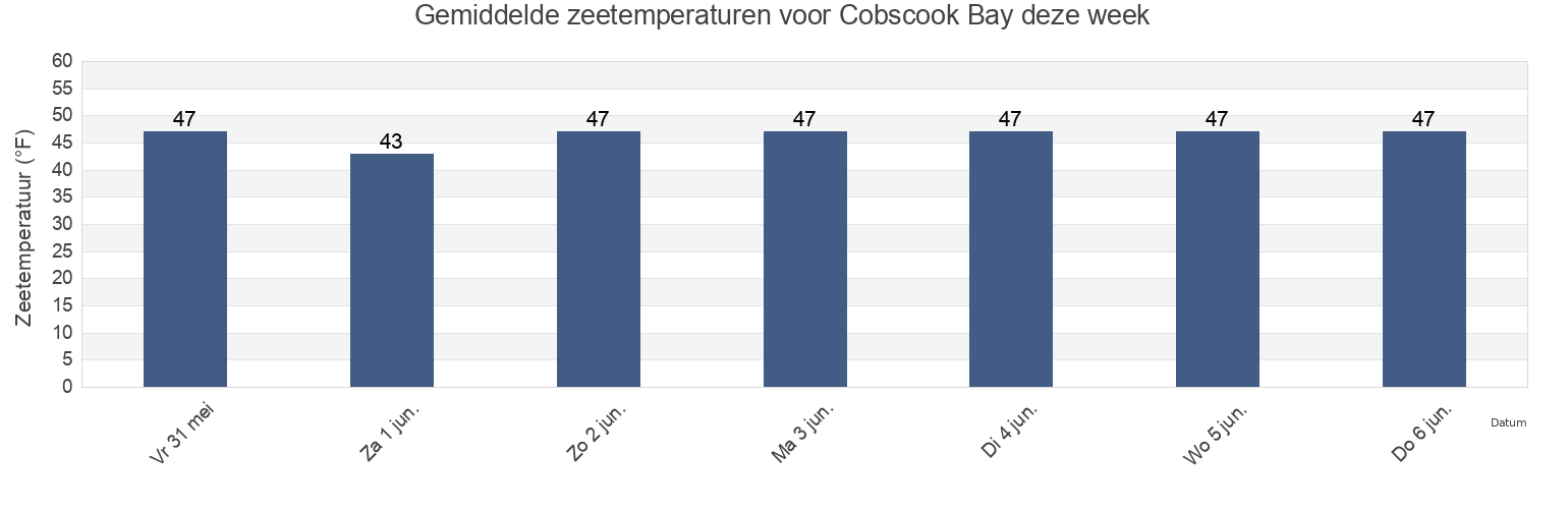 Gemiddelde zeetemperaturen voor Cobscook Bay, Washington County, Maine, United States deze week