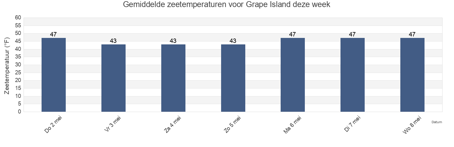 Gemiddelde zeetemperaturen voor Grape Island, Suffolk County, Massachusetts, United States deze week