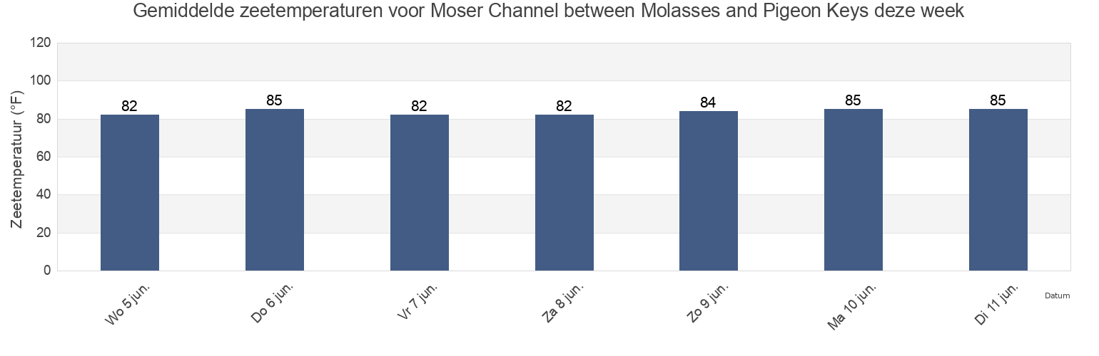 Gemiddelde zeetemperaturen voor Moser Channel between Molasses and Pigeon Keys, Monroe County, Florida, United States deze week
