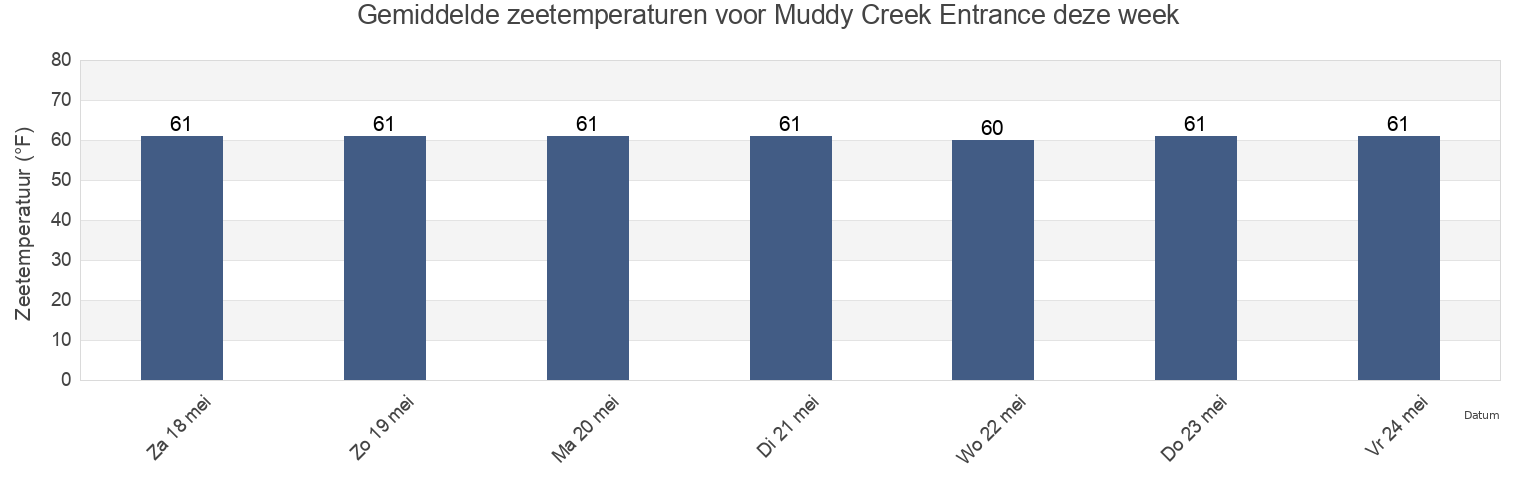 Gemiddelde zeetemperaturen voor Muddy Creek Entrance, Accomack County, Virginia, United States deze week