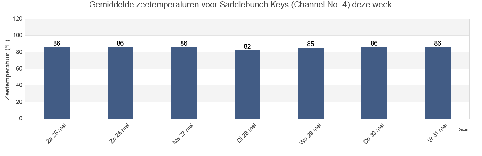 Gemiddelde zeetemperaturen voor Saddlebunch Keys (Channel No. 4), Monroe County, Florida, United States deze week